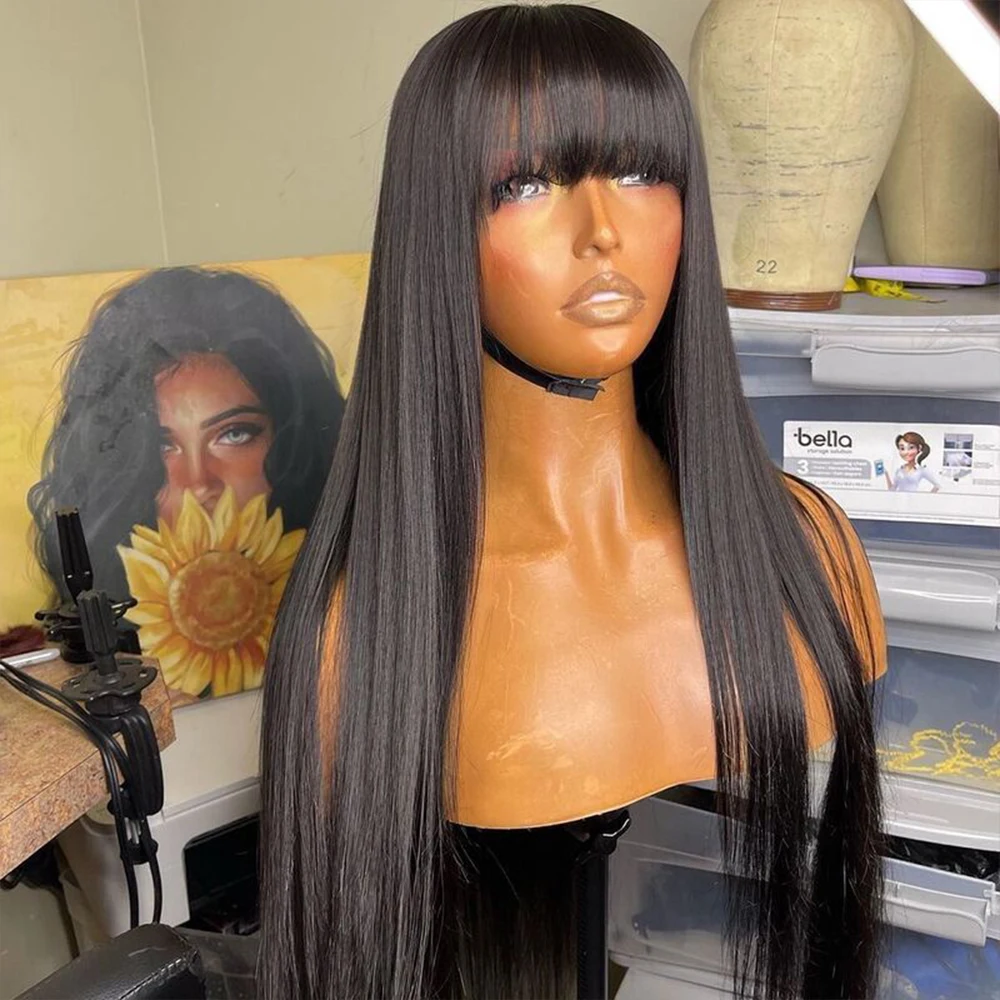 Full Machine Made Straight 100% Human Hair Wigs With Bangs For Women 30 inch Brazilian Human Hair Cheap Wig On Sale Clearance