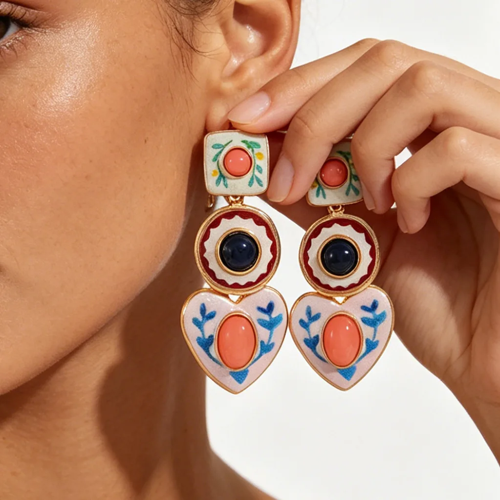 Hot Selling Retro Artistic Unique Design Enamel Love Heart Square Pendant Earrings for Women Fashion Jewelry Accessories Gift