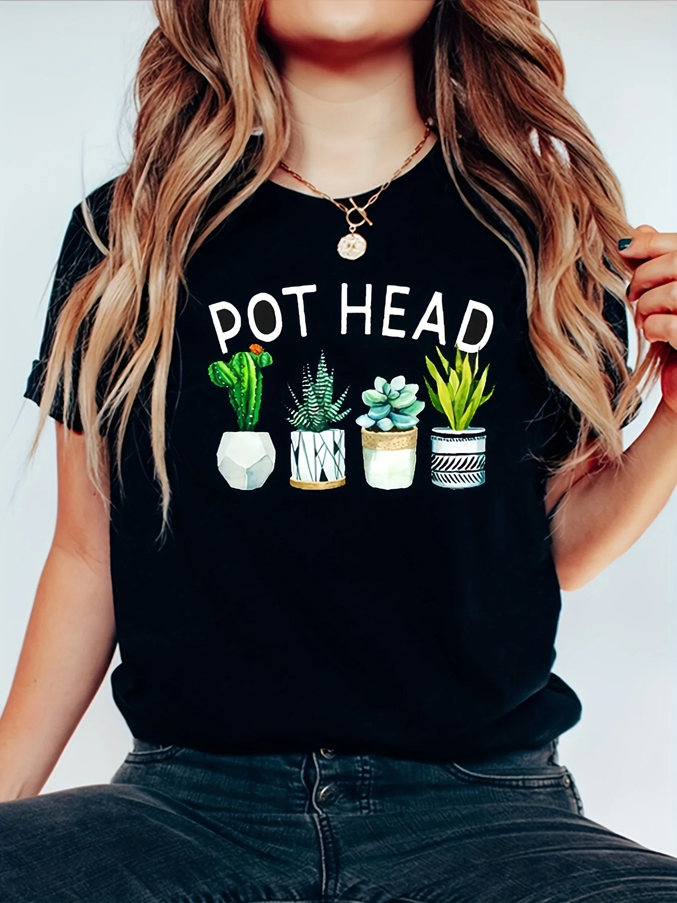 Pot Head Print T-Shirt - Women's Summer Casual Top with Short Sleeves