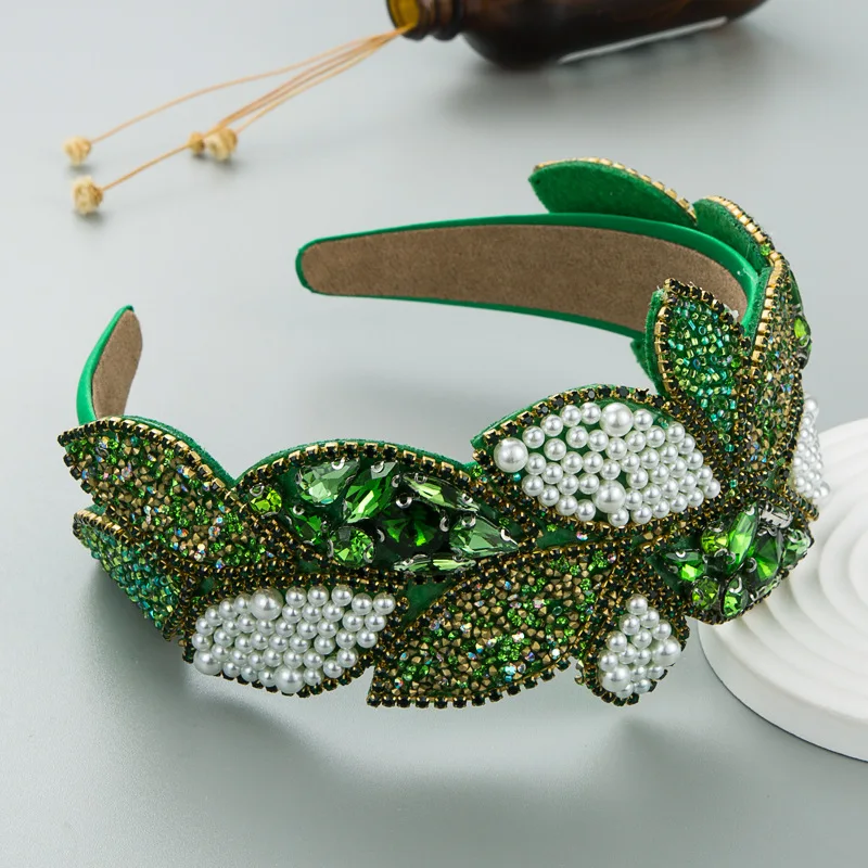 Vintage Green Series Headbands Rhinestone Hairbands Broad-Brimmed Wide Head Hoop Hair Hoop Women Elegant Hair Accessories