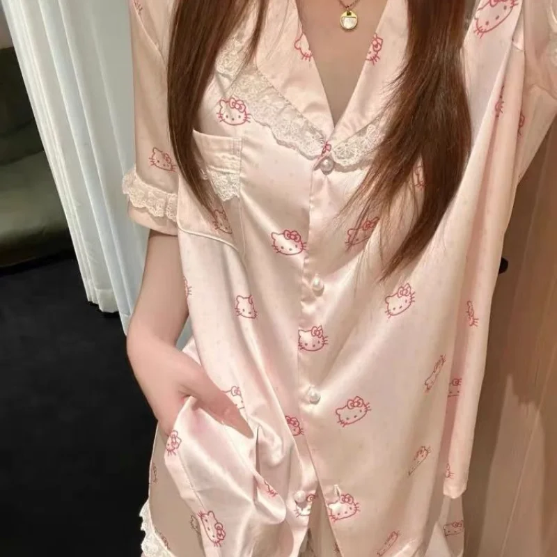 

Sanrio Kawaii 2pcs Pajamas Sets Hello Kitty Ice Silky set Girl Summer Short Sleeve Cute Lace Home Clothing Outside Wearing Gifts