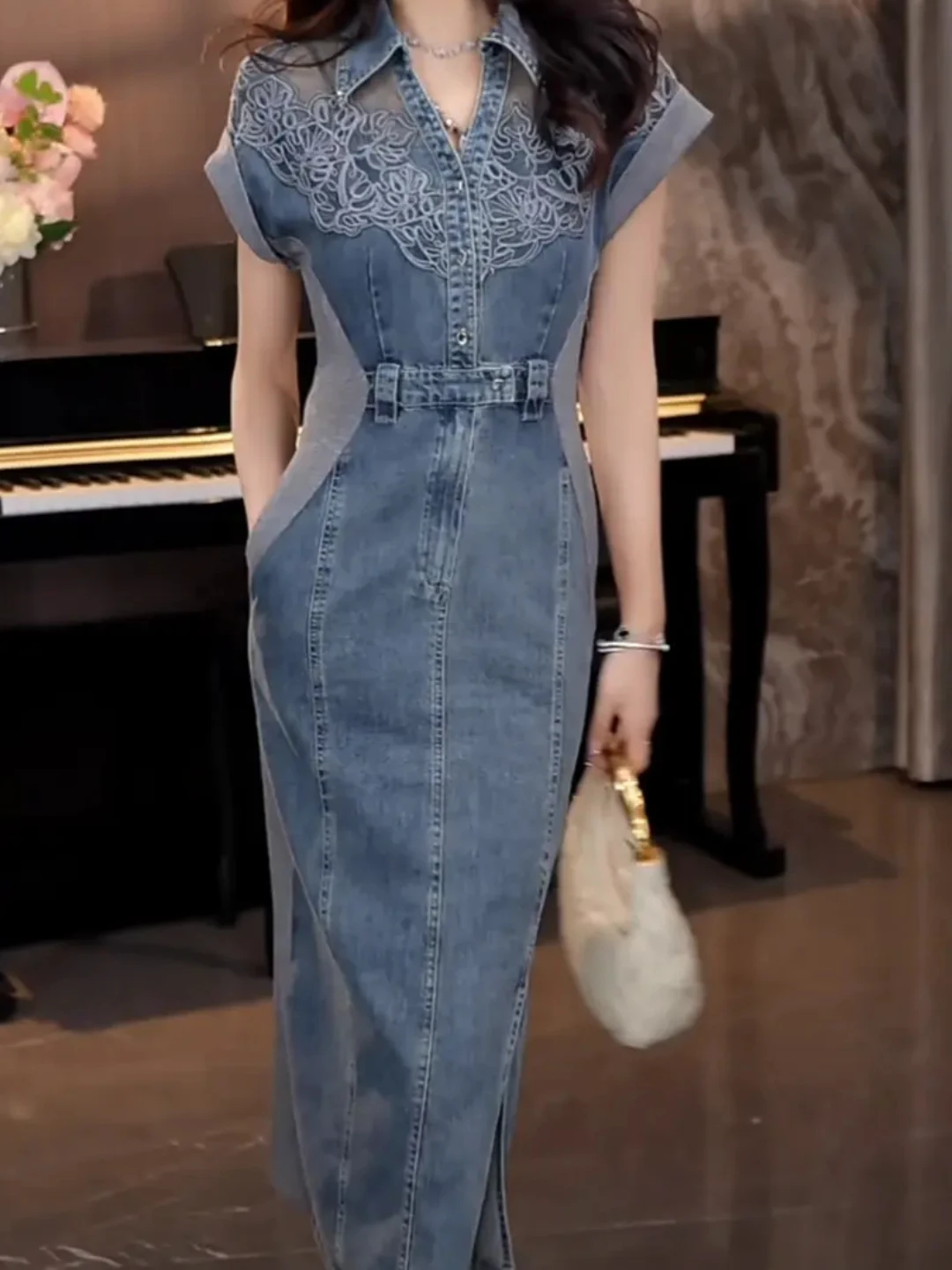 Rétro v-ne décontracté taille haute fendu longueur Midi dentelle épissage Denim Dr femmes Faionable Ele Sle été Dr