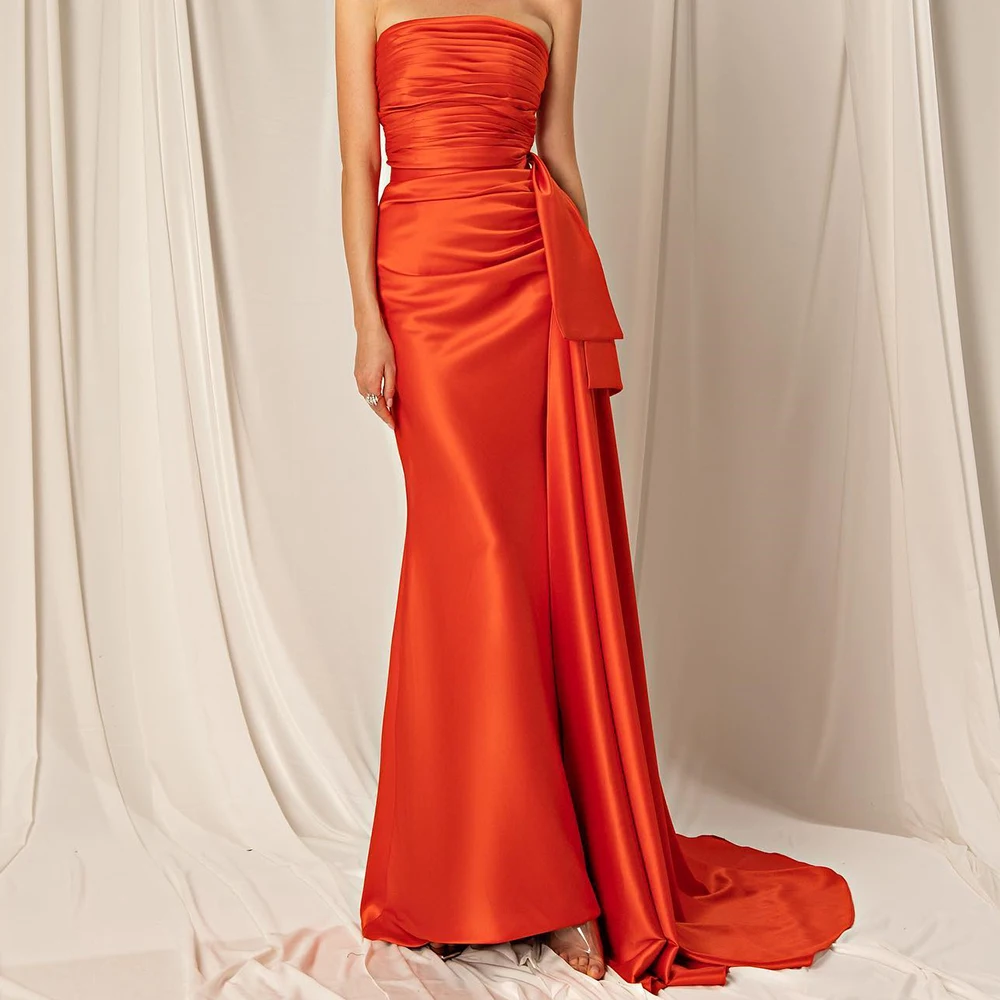 

Fashion Satin Panel Train Evening Dresses Temperament Straight Floor Length Strapless Sleeveless فساتين سهره نسائيه فخمة