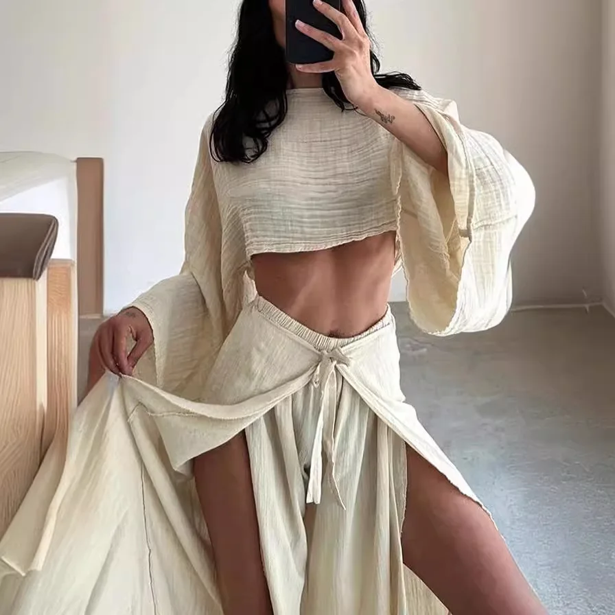 Holiday Irregular Pants Set Cotton Linen Fashion Loose Sleeveless Tops with High Split Pants Summer Two-piece Suit Women Outfits