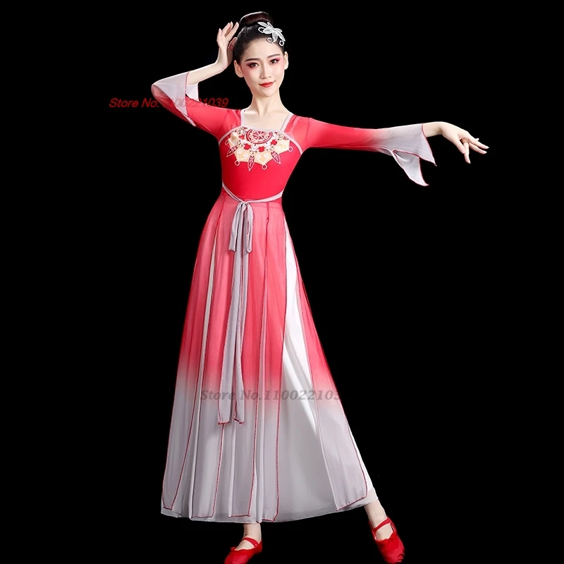 

2025 chinese folk dance costume hanfu tops+pants set traditional stage performance fairy dress retro flower print chiffon dress