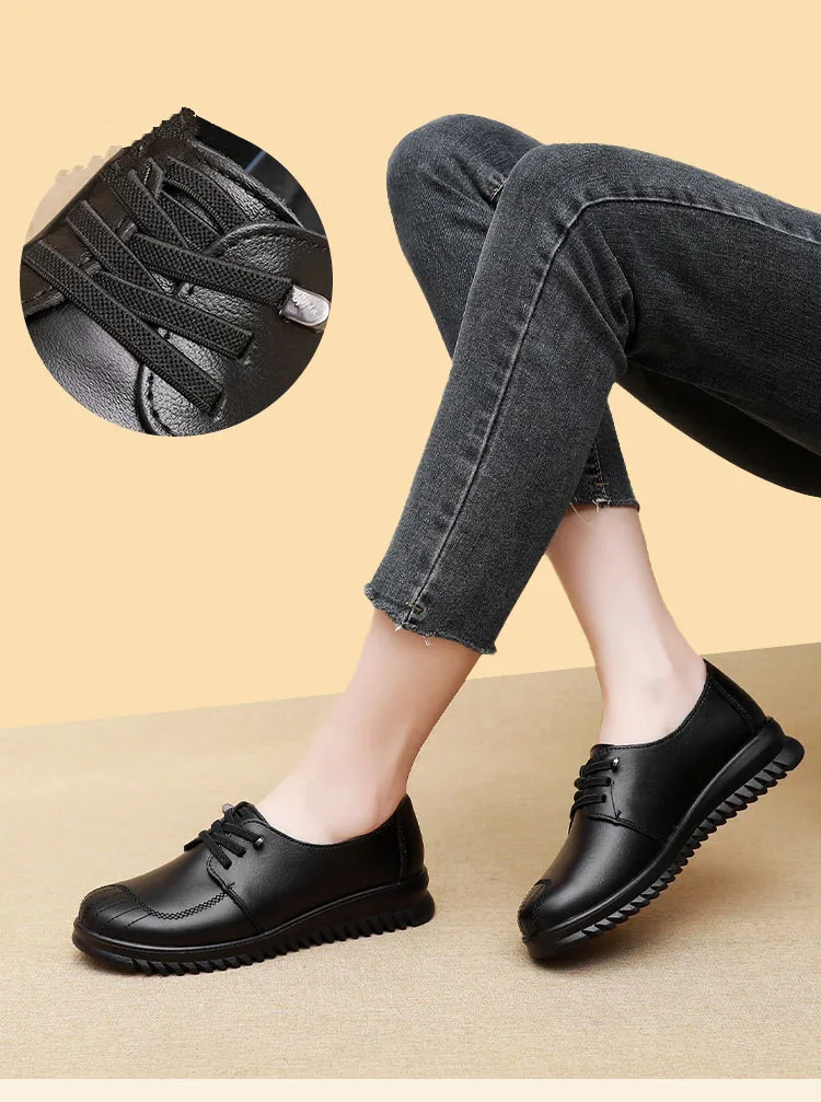 Chaussures Oxford noires en cuir véritable pour femmes, chaussures plates à lacets, semelle souple confortable, chaussures plates non aldes, chaussures spinales