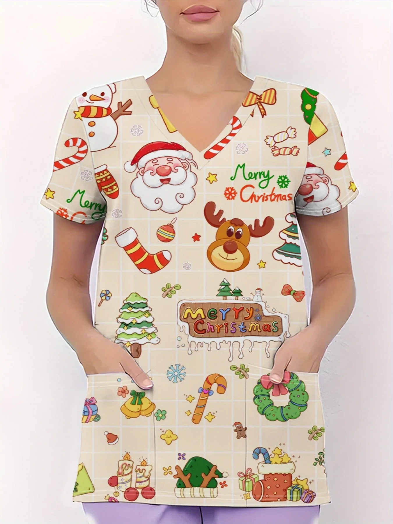 2026 Summer New Comfortable Leisure Fashion 3D Christmas Deer Pattern Printed Women's Nurse Uniform