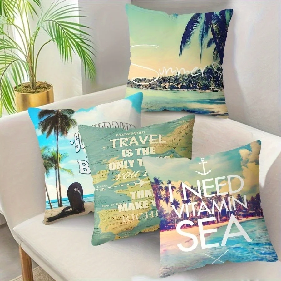 Colección de fundas  almohada con temática de playa de 4 piezas, disponibles en diferentes tamaños, ideal para varios tipos