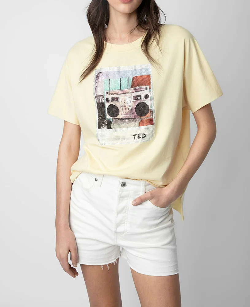 Diamond Radio Yellow T-Shirt For Women Summer O-Neck Short Sleeve Fashion Casual Chic Rhinestone Picture T-Shirt Tops