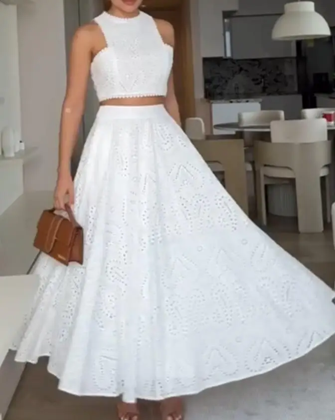 

2025 2-Piece Summer Solid Color Elegant Slim Fit Lace Hollow Out Sleeveless Crop Top and Casual High Waisted A-Line Skirt Set