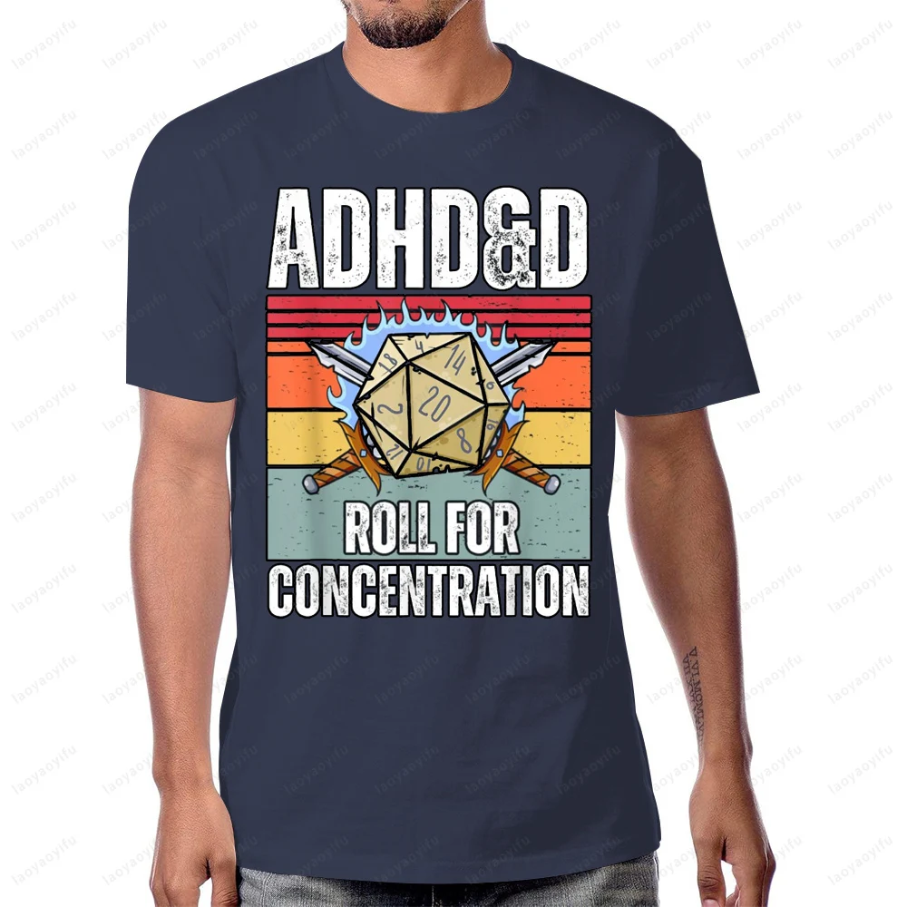 Retro Vintage ADHD&D Roll for Concentration Funny Dungeons and Dragons Gamer T-Shirt Cotton Casual Fashion Short Sleeve Man Tees