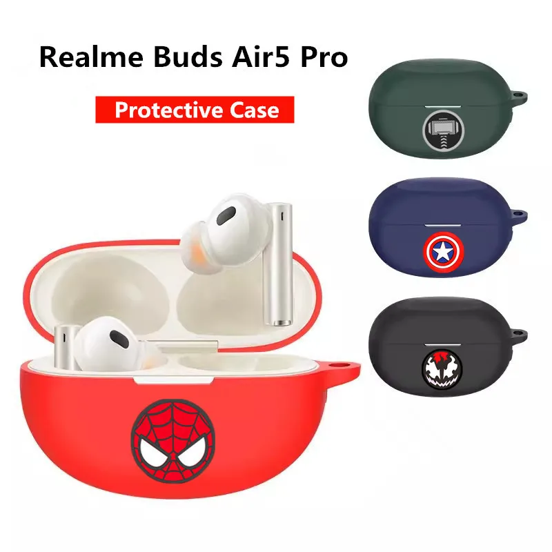 Cartoon Marvel Earphone Case Cover For Realme Buds Air5 Pro Silicone Wireless Earbuds Charging Box Protective Shell With Hook