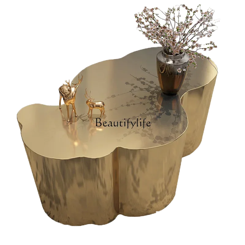 

12Stainless steel coffee table light luxury modern mirror special-shaped small clouds high-grade rock slab edge table