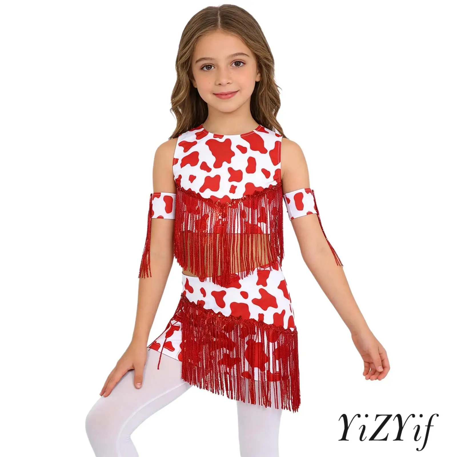 

Kids Girls Western Cowgirls Sequins Tassel Party Outfits Round Neck Sleeveless Crop Top with Matched Shorts And Arm Sleeve Set