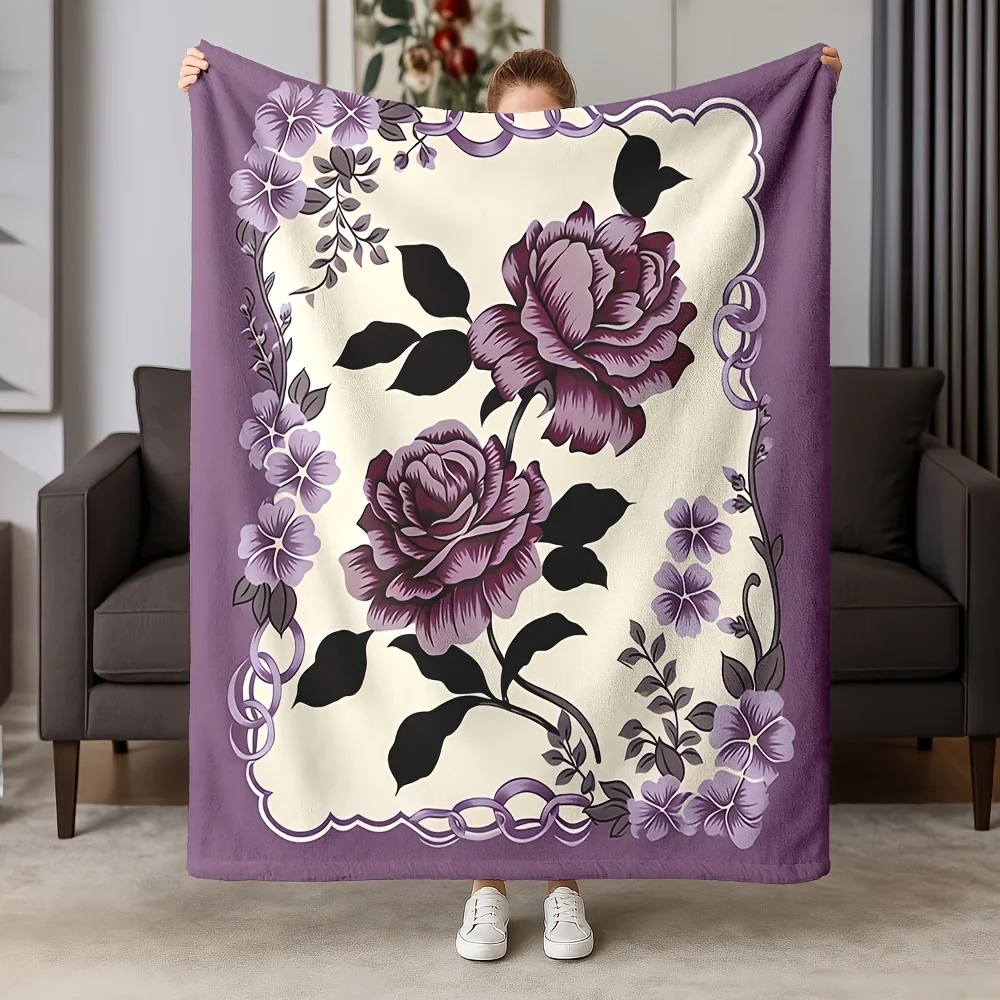 Elegant Purple Rose Floral Blanket with Vintage Frame Design Soft Cozy Throw for Sofa Bed Living Room Romantic Home Decor