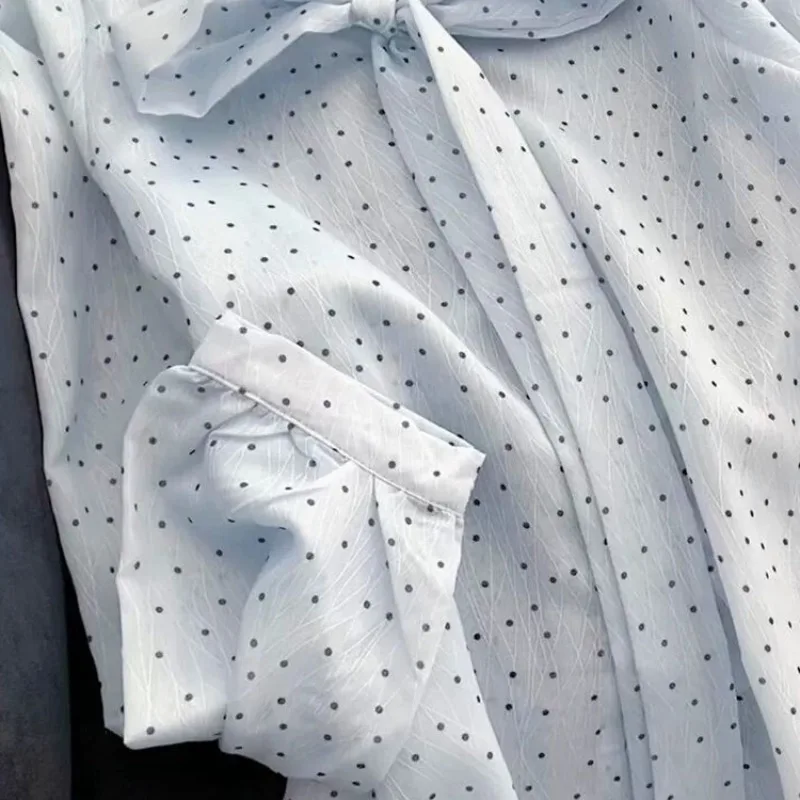 Light Blue Tiny Black Polka Dot Bow Tie Neck Long Sleeve Blouse Women Wrinkle Textured Chiffon Puff Cuff Elegant Office Shirt - view 5