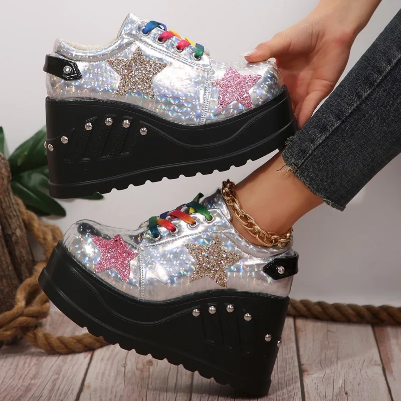 Gothic Chunky Platform Wedges Shoes Women 2024 New Sweet Cute Fashion Pumps Shiny Silver Ladies Mary Jane Single Shoes Zapatos