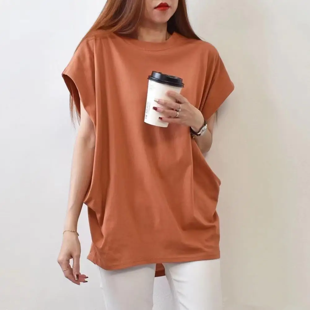 

Women Tops Round Neck Raglan Short Sleeve Irregular Pleats Tee Shirt Solid Color Summer T-shirt Lazy Pullover Tops