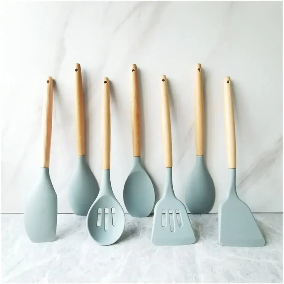 Silicone Set for Kitchen Utensils Wooden Cooking Utensil Spatula Tongs Cooking Utensil Set Heat Resistant Kitchen Tools (Color :