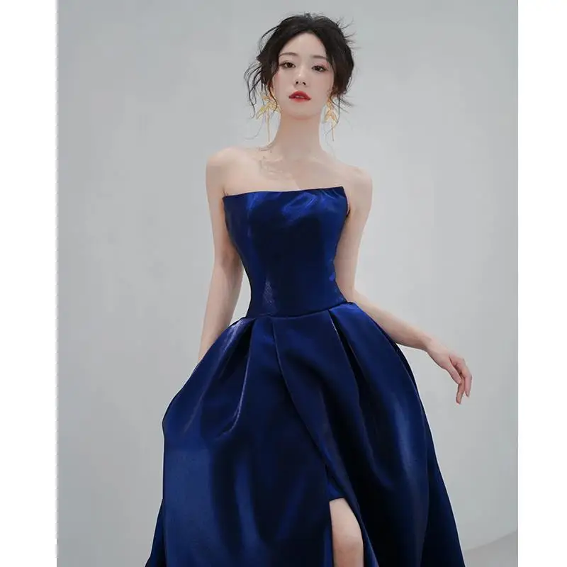 Blue tube top evening dress 2025 new French luxury hosting annual meeting Bel Canto solo art test dress dress