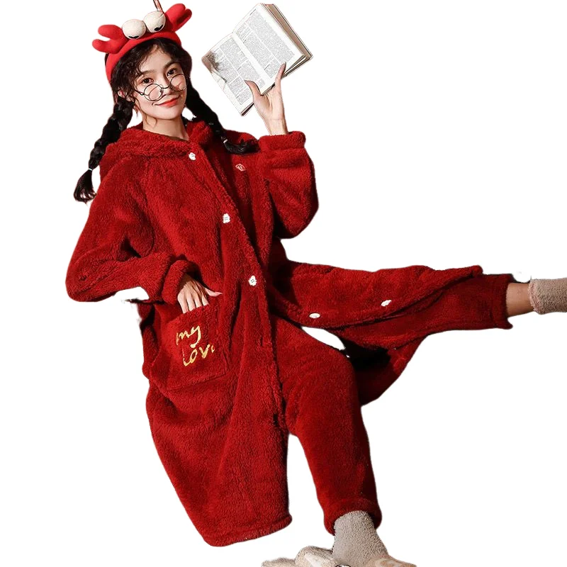 

Новогодний женский пижамный комплект, зимний красный утепленный фланелевой пижамный комплект, которую можно носить в качестве верхней одежды, ночная рубашка, домашняя одежда из кораллового флиса