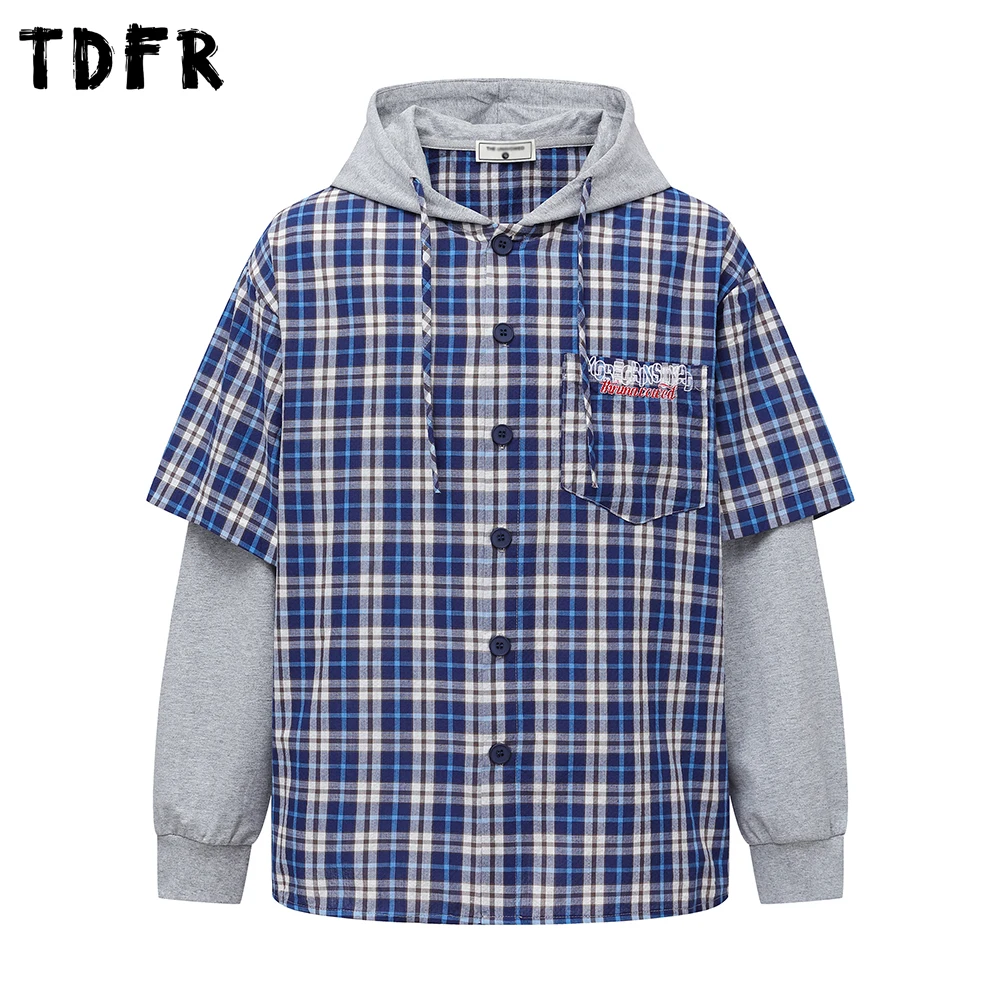 

Plaid Fake two-piece Hooded Shirts Mens Pocket Embroidery Autumn Retro Casual Loose Single Breasted Long Sleeve Shirts Man