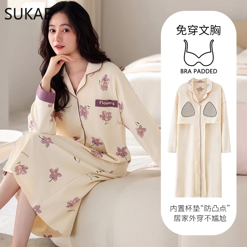 SUKAE Bra Padded Sleepshirts M-5XL Plus Size Cotton Nightgowns Autumn Winter Women Long Sleeves Nightgown V-neck Nightdress