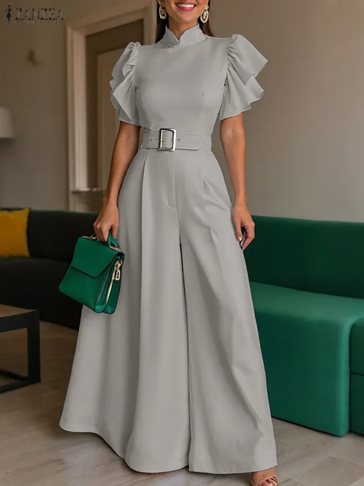 

ZANZEA Summer Office Long Jumpsuits Elegant Stand Collar Belted Party Romper 2025 Fashion Short Ruffled Sleeve Solid Casual Pant