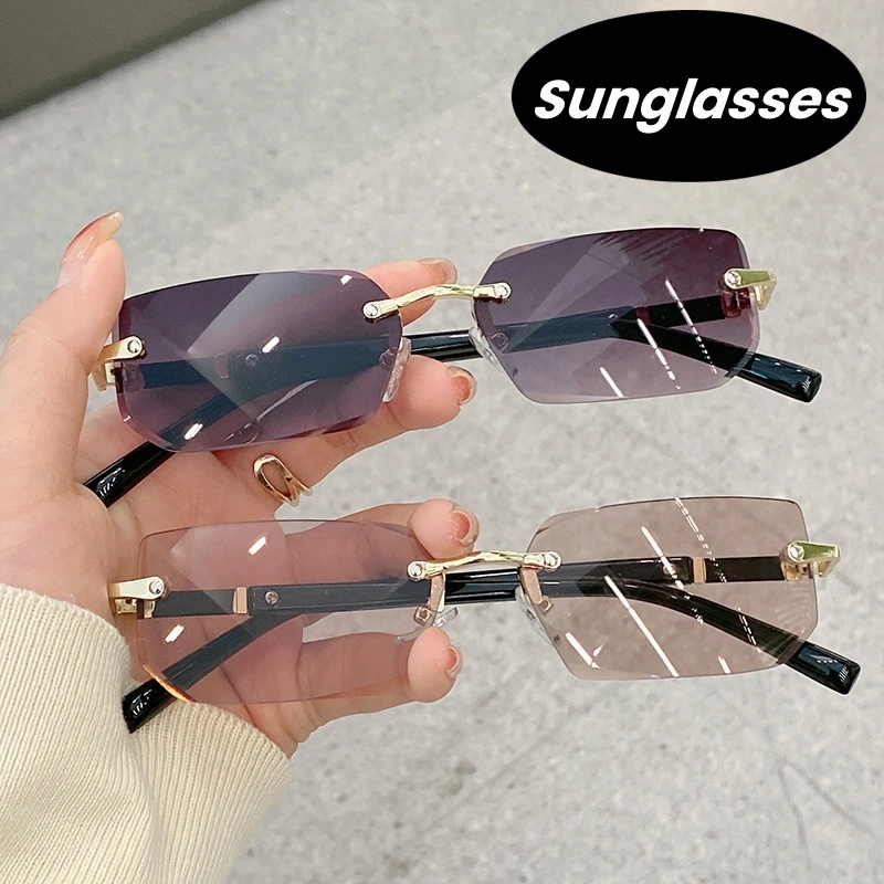 

Fashion Retro Rimless Square Sunglasses Women Men Vintage Rectangle Sun Glasses UV400 Driving Eyewear Frameless Gradient Shades