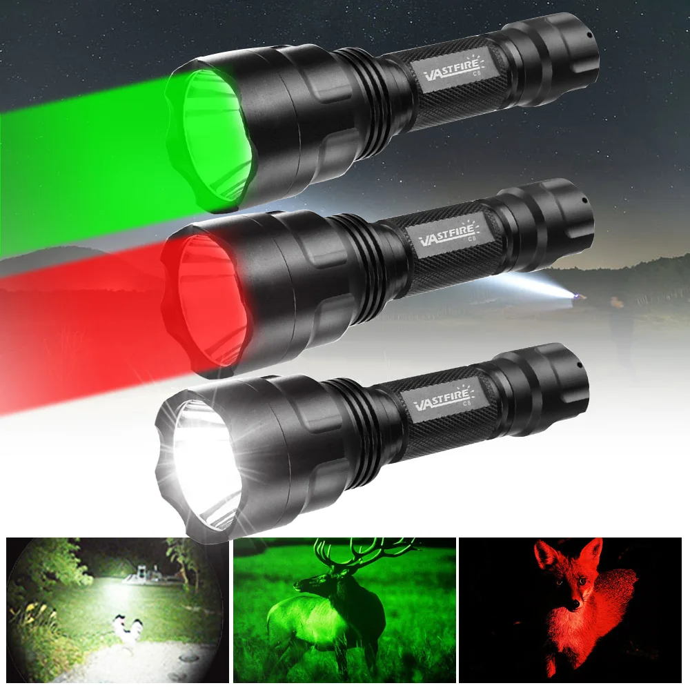 Professional LED Flashlight for Hunting Green/Red/White Light Tactical Night Scout Lights Set Fish Light USB Rechargeable Torch