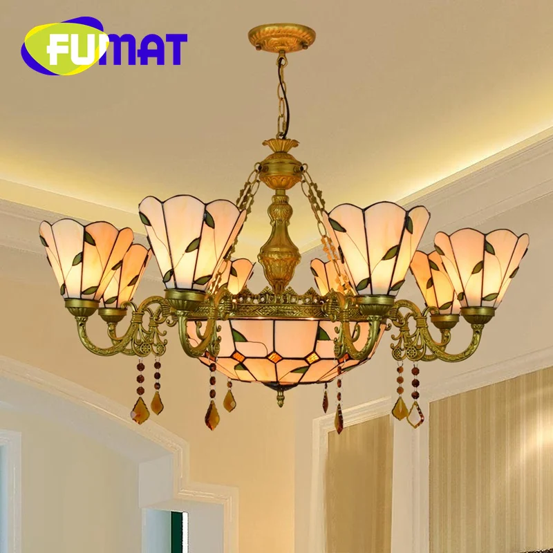 FUMAT Tiffany style stained glass Mediterranean leaves multi-head crystal Pendant lamp living room dining room hallway LED deco