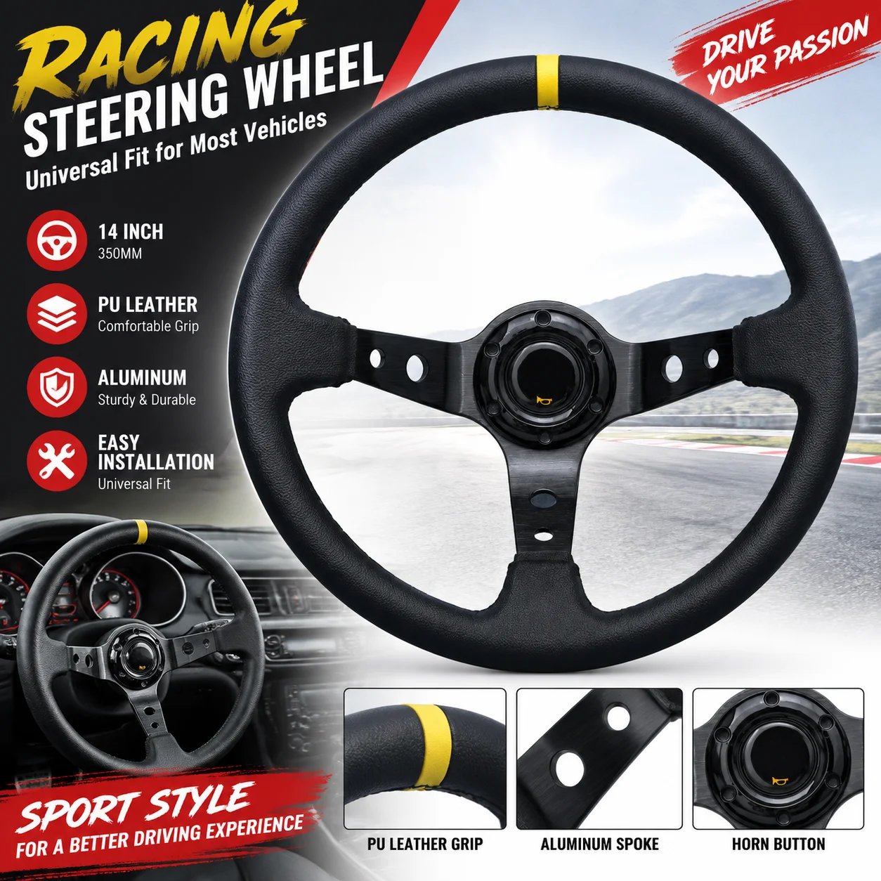 Volant de course universel 14 pouces 350 mm, volant sport profond pour drifting, cuir PU avec marqueur supérieur rouge/jaune, moyeu 6 boulons, accessoire de modification pour voiture de course et drifting