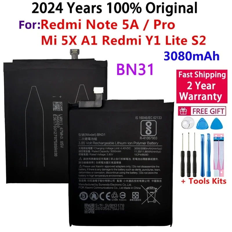 

100% Original 3080mAh BN31 Battery With Temperature Sensor For Xiaomi Mi 5X Mi5X \ Redmi Note 5A 5A pro Mobile Phone Batteries