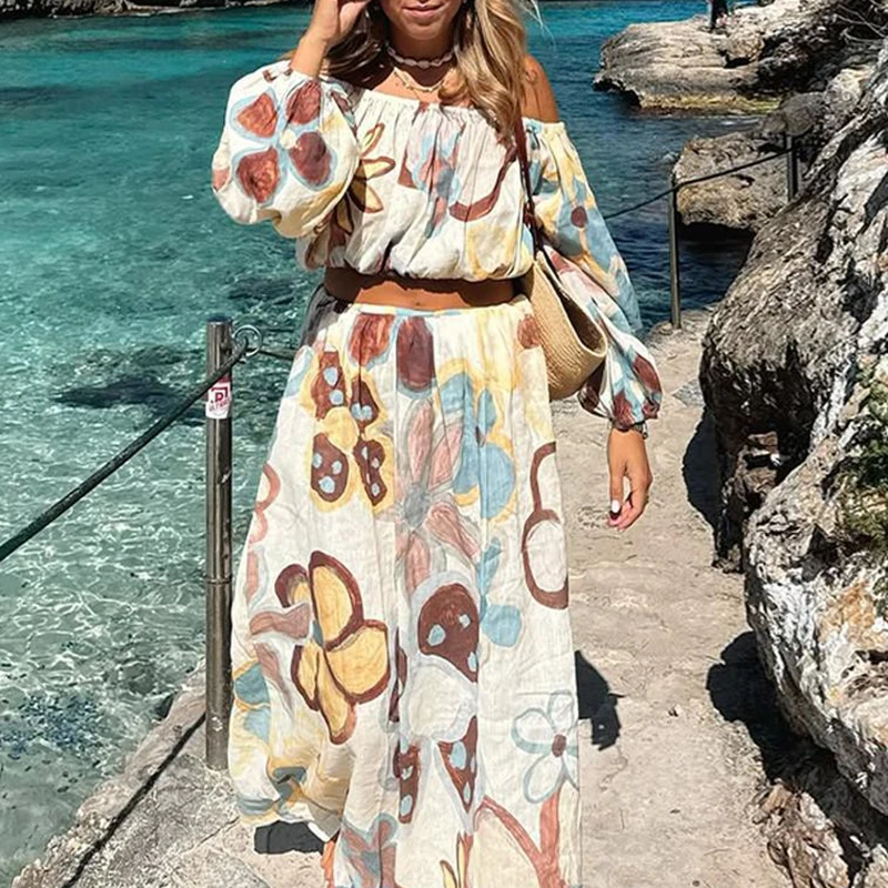 

New Slash Collar Long Sleeve Pullover&Half Skirts Sets Fashion Bohemian Style Printed Sets Elegant Women Leisure Loose 2 Piece