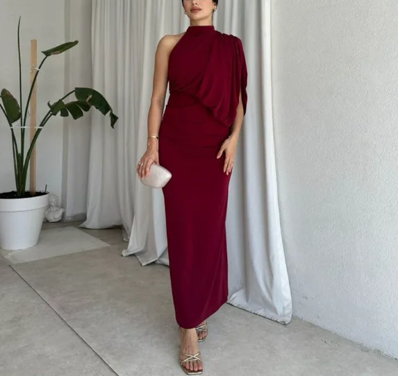 

Women's Dress 2026 Summer Tailored Elegant Simple and Fashionable High Neck Off Shoulder Bat Sleeve Design Hip Hugging Dress