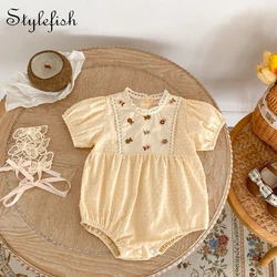 Summer new baby girl clothing baby 0-2-year-old embroidered stitching ha yi one-piece clothes triangle climbing clothes