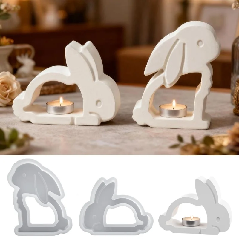 Easter Decor Rabbit Candle Holder Gypsum Silicone Mold DIY Home Handicraft Ornament Hollow Bunny Candlestick Plaster Resin Molds