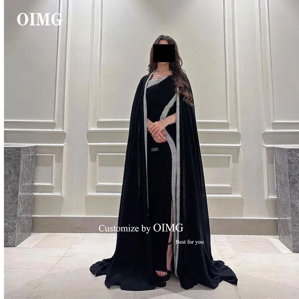 

OIMG Black Shiny Beads Dubai Arabic Vintage Evening Dresses With Jacket Long Sleeves Side Split Prom Gown Formal Party Occasion