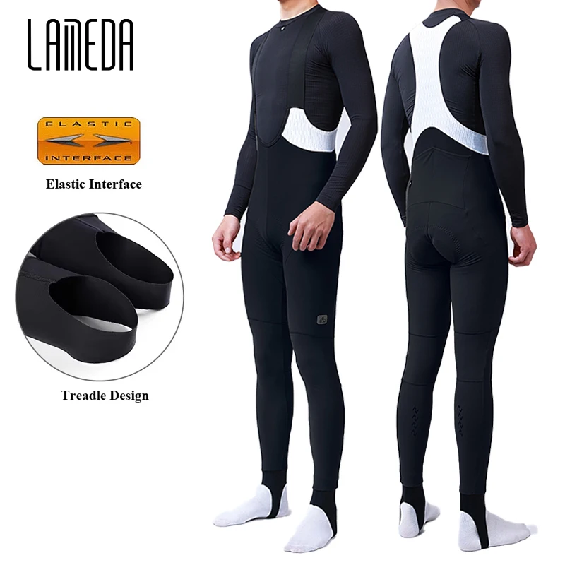 

LAMEDA Thermal Cycling Bib Tights with Rear Pocket Fleece-Lined Padded Double Arrow Men's Winter Bicycle Pants Ankle Cuff Design