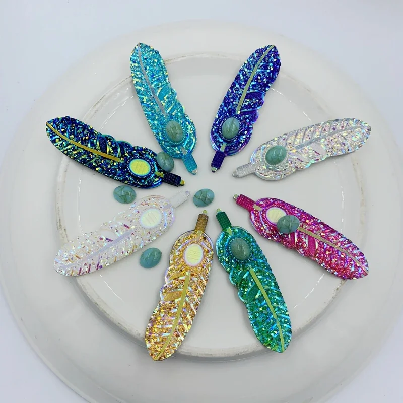 Matching turquoise 8 sets 18*62mm AB Resin Leaf &Feather Rhinestone Flatback Gems Cabochon Wedding Decoration Craft -22E50