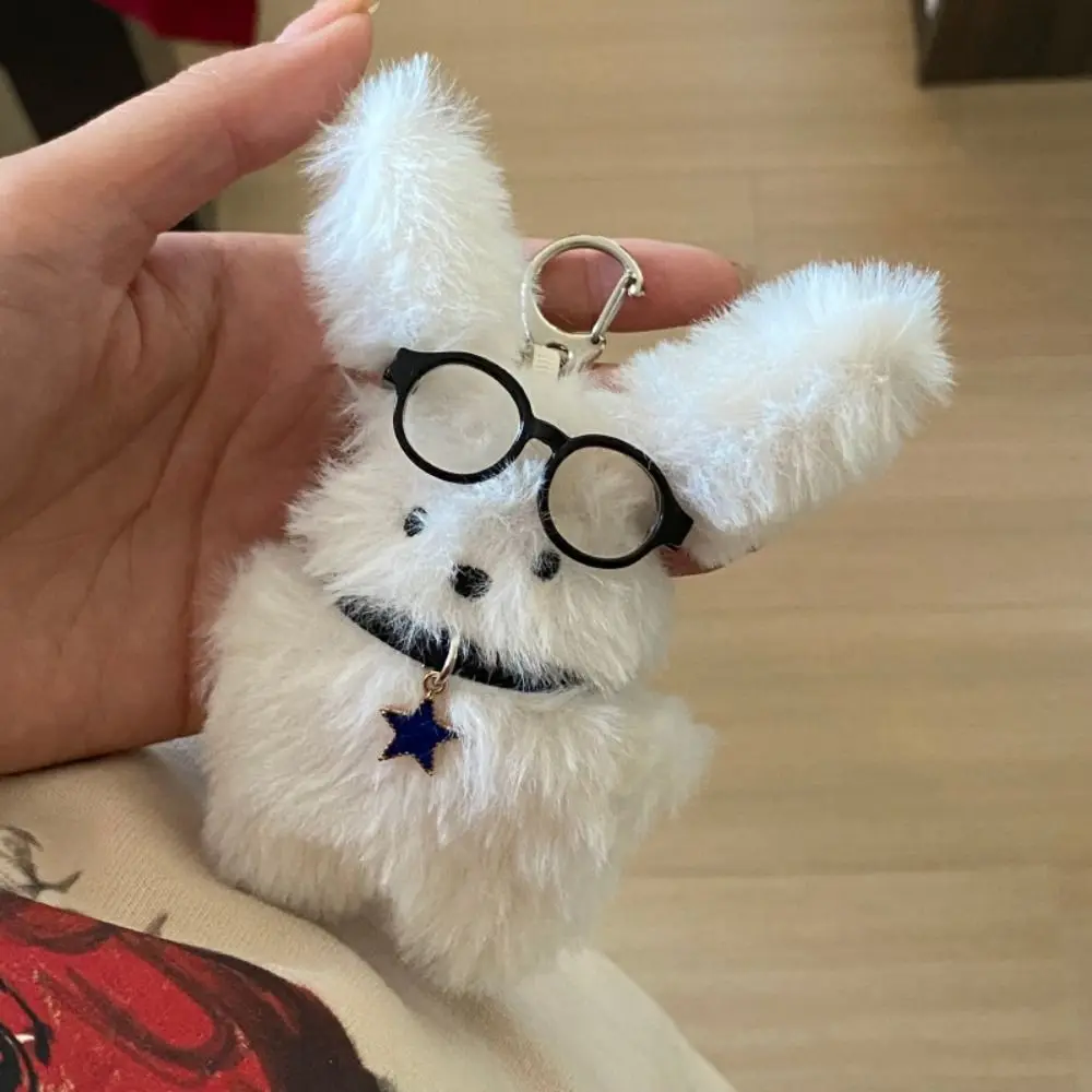 Maltese Wear Glasses Plush Pilot Rabbit Doll Key Chain Key Ring Bag Charms Long Ear Dog Key Ring Cartoon Design Pendant