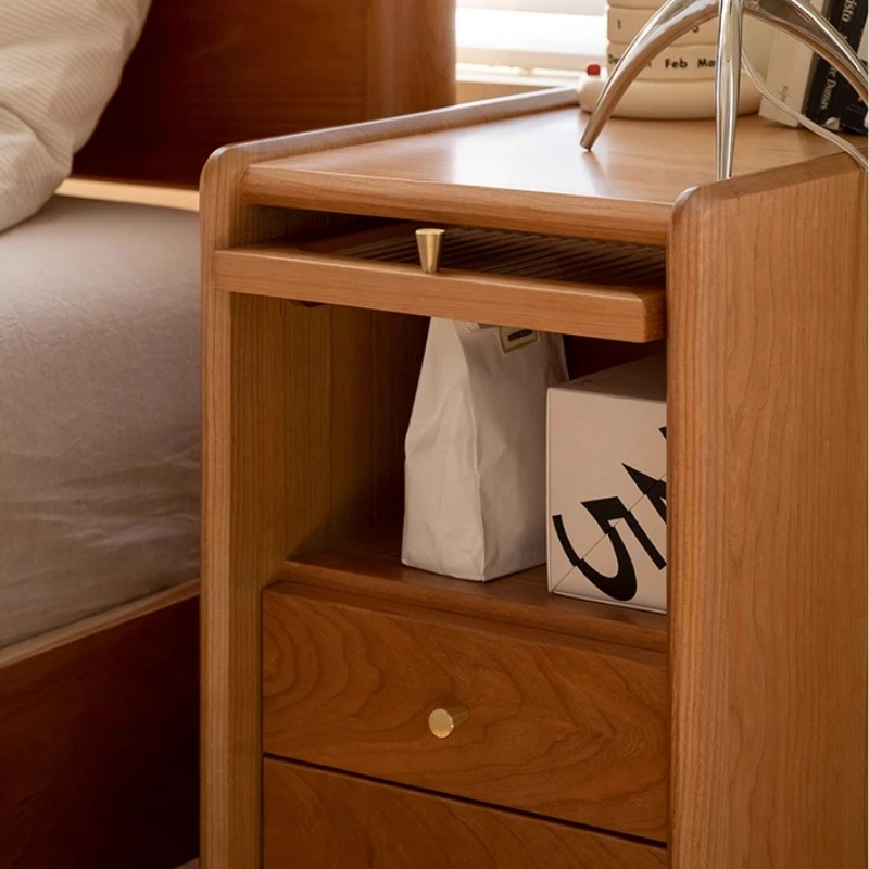 Solid Wood Narrow Nightstand Japanese Minimalist Bedside Table with Drawer Slim Sofa Side Cabinet Modern Bedroom Storage Chest