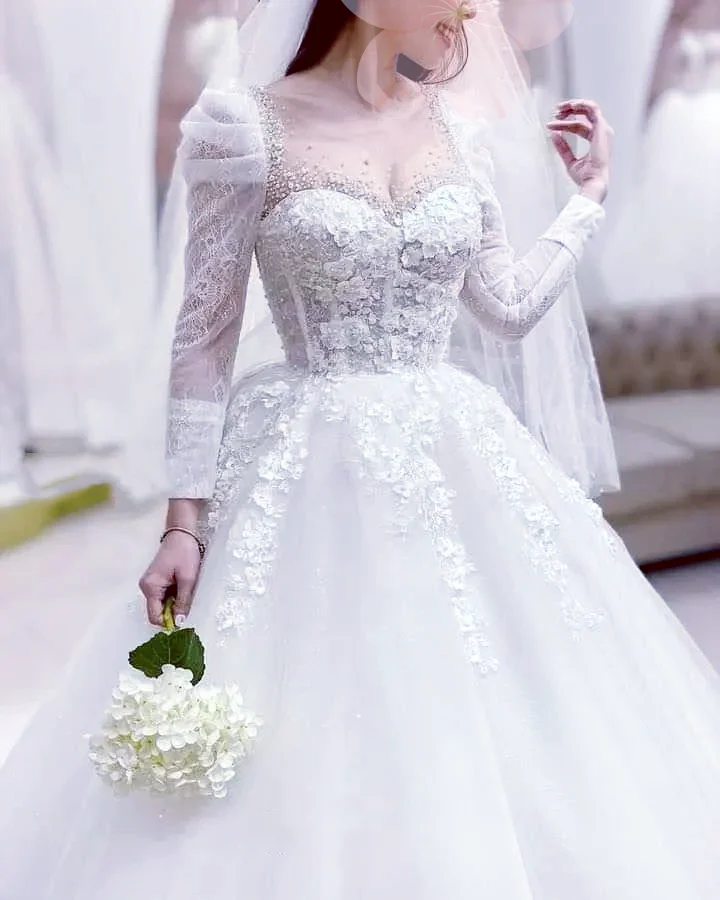 Abiti da sposa principessa Peals avorio personalizzati 2025 per la sposa Abiti da sposa con scollo a cuore a maniche lunghe da donna con glitter