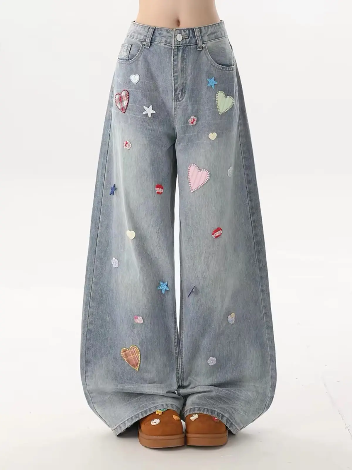 Y2K Summer Fashion Star Heart Patches Women Full Length Jeans Casual Button Loose Wide Leg Denim Trousers American Streetwear