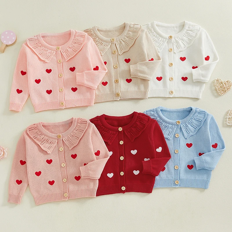 Tregren Infant Baby Girls Cardigan Sweater Heart Embroidery Doll Collar Button Knitwear for Toddler Warm Clothes Valentine's Day