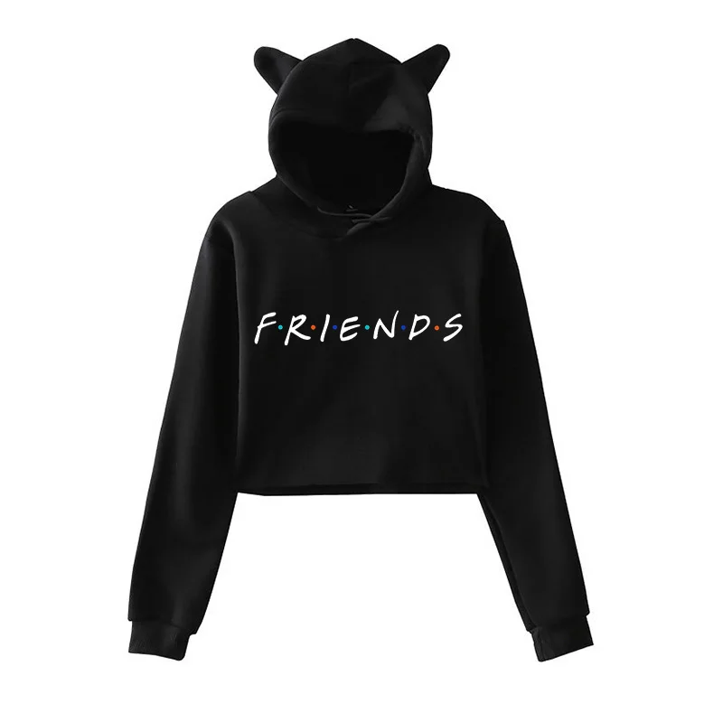 Women Funny Cartoon Friends Black Hoodies Crop Top Friends Tv Show Harajuku Graphic Sweatshirt Croopped Vintage Letter Y2k Hoody