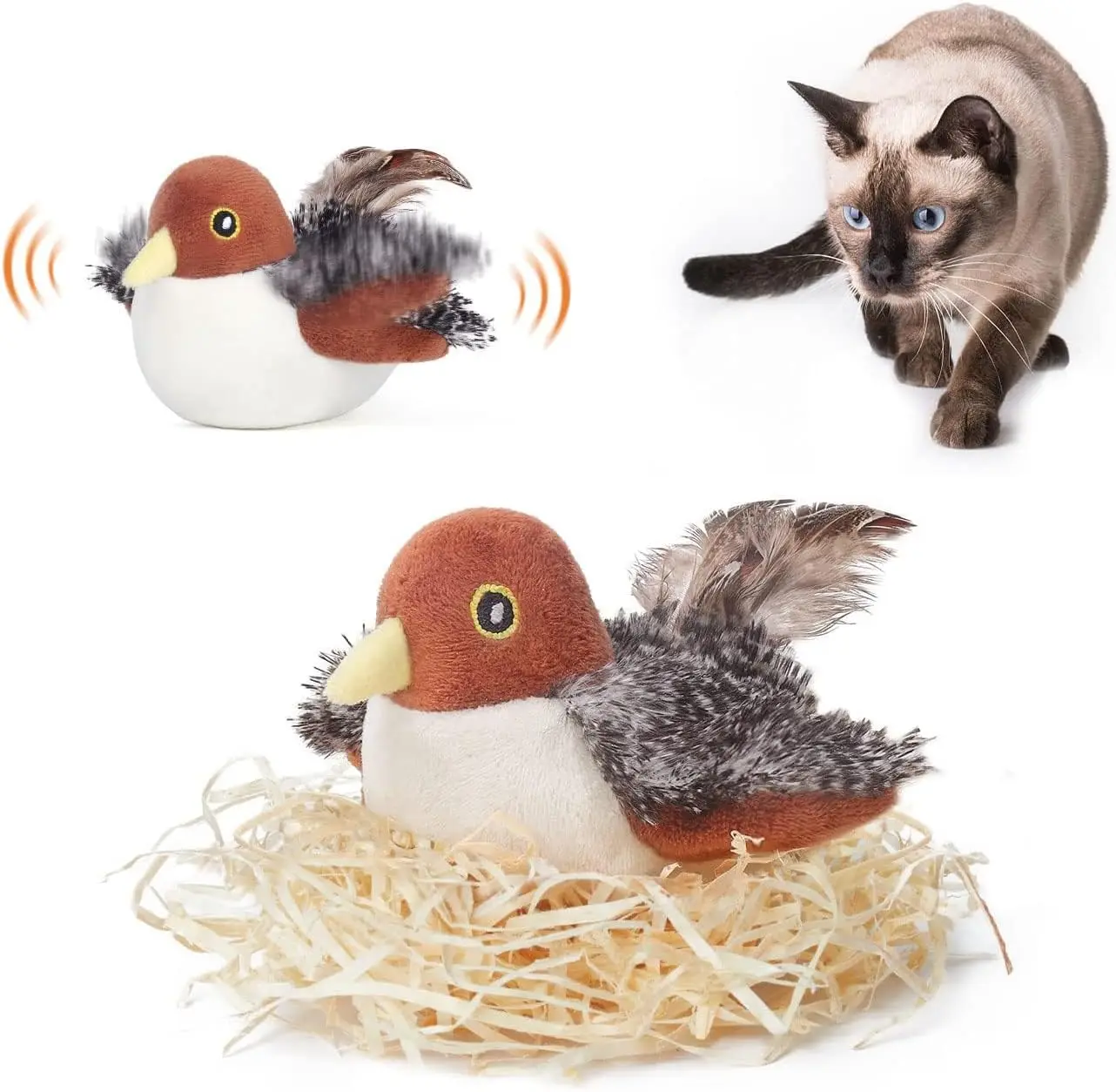 

Cat toys can be charged to flap birds, with realistic chirping and touch activated interactive cat sports toys