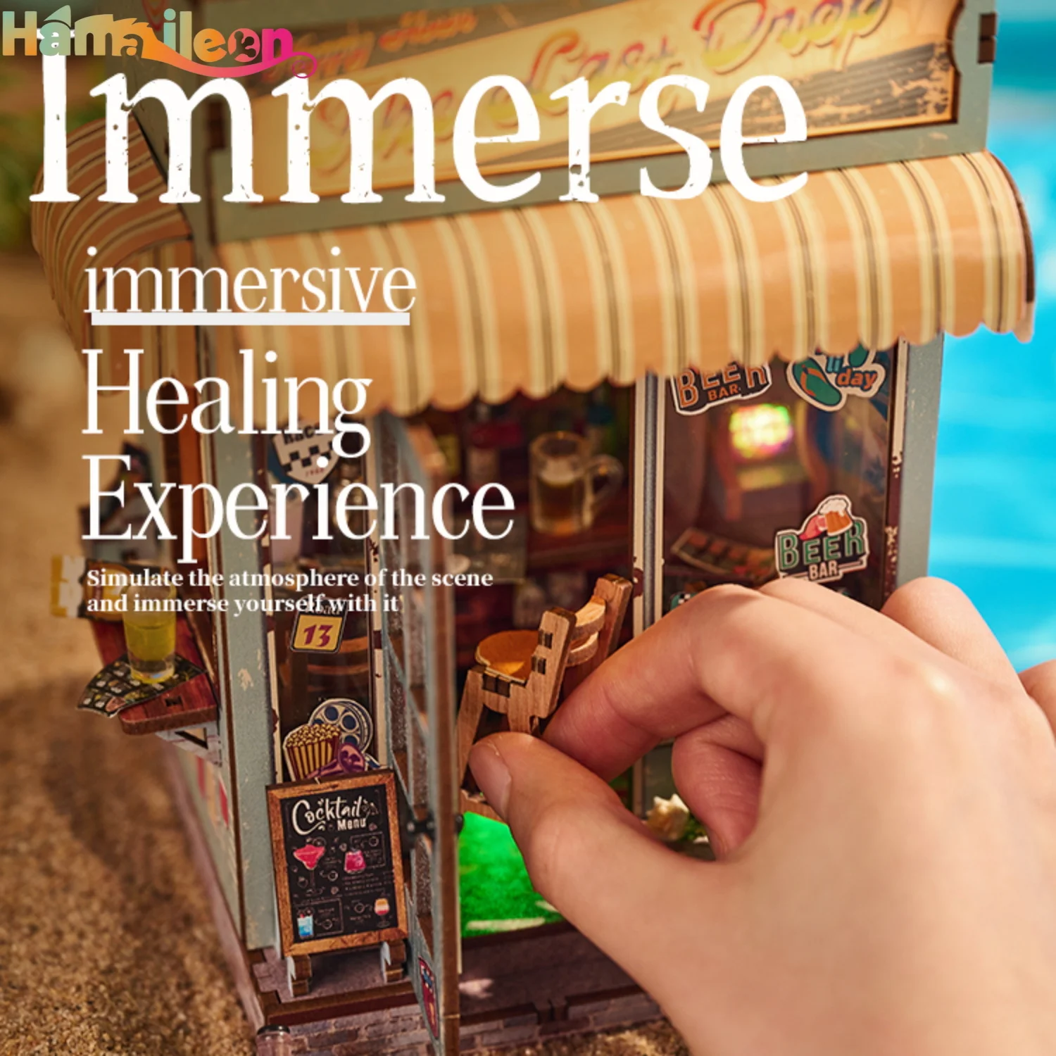 ハマイルン DIY ブックヌックキット ミニチュアドールハウス LEDライト付き 3Dパズルモデル構築 木製本棚 ブックエンド おもちゃ 大人向けギフト