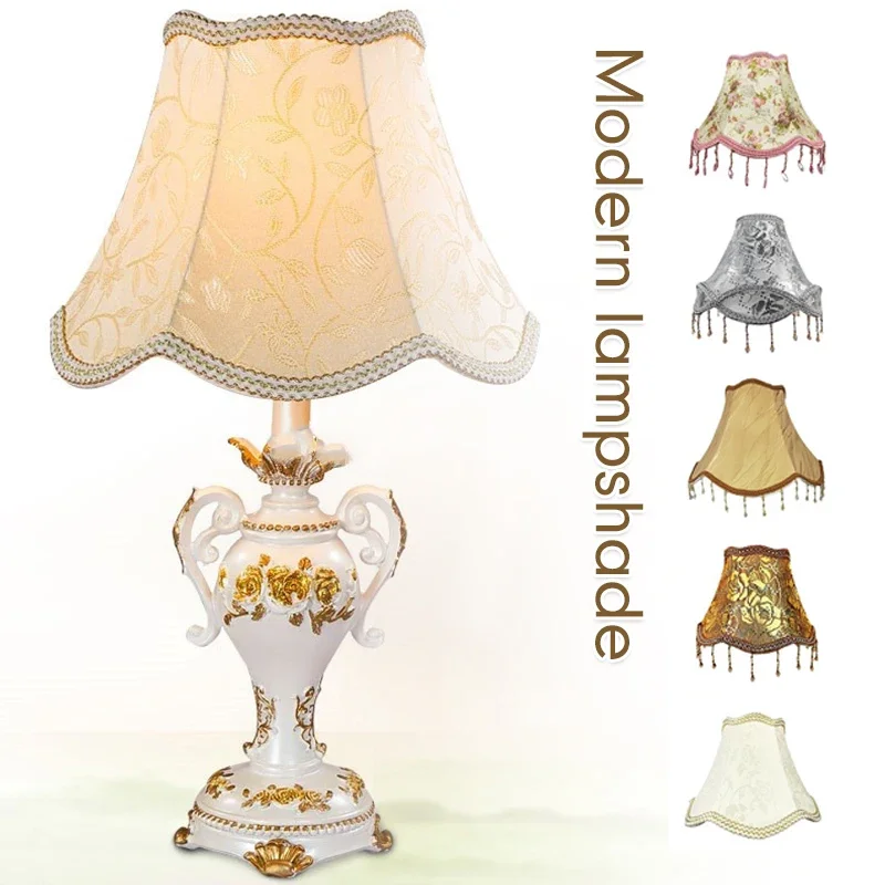 European-Style Table Lamp Shade, Fabric Bedside Wall Light, Lamp Shades, Fringe and Beads, Decorative Table Lamp Cover, E27