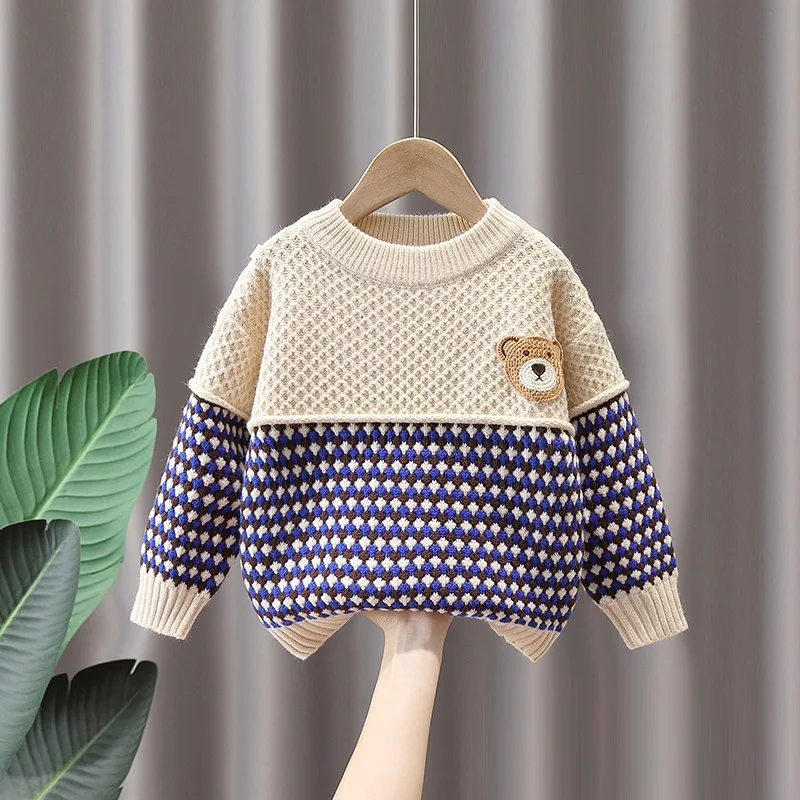 

Toddler Kid Baby Boy Knitwear Sweaters Warm Girl Pullover Tops Children Knit Long Sleeeve Patchwork Clothing Fall Winter Clothes